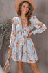 Lantern Sleeve Deep V Neck Knotted Tiered Mini Dress